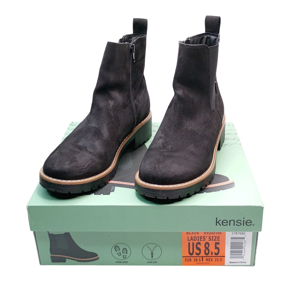 Kensie Kayla B Ankle Boot Women Size 8.5 Black Faux Suede Side Zip Lug Sole